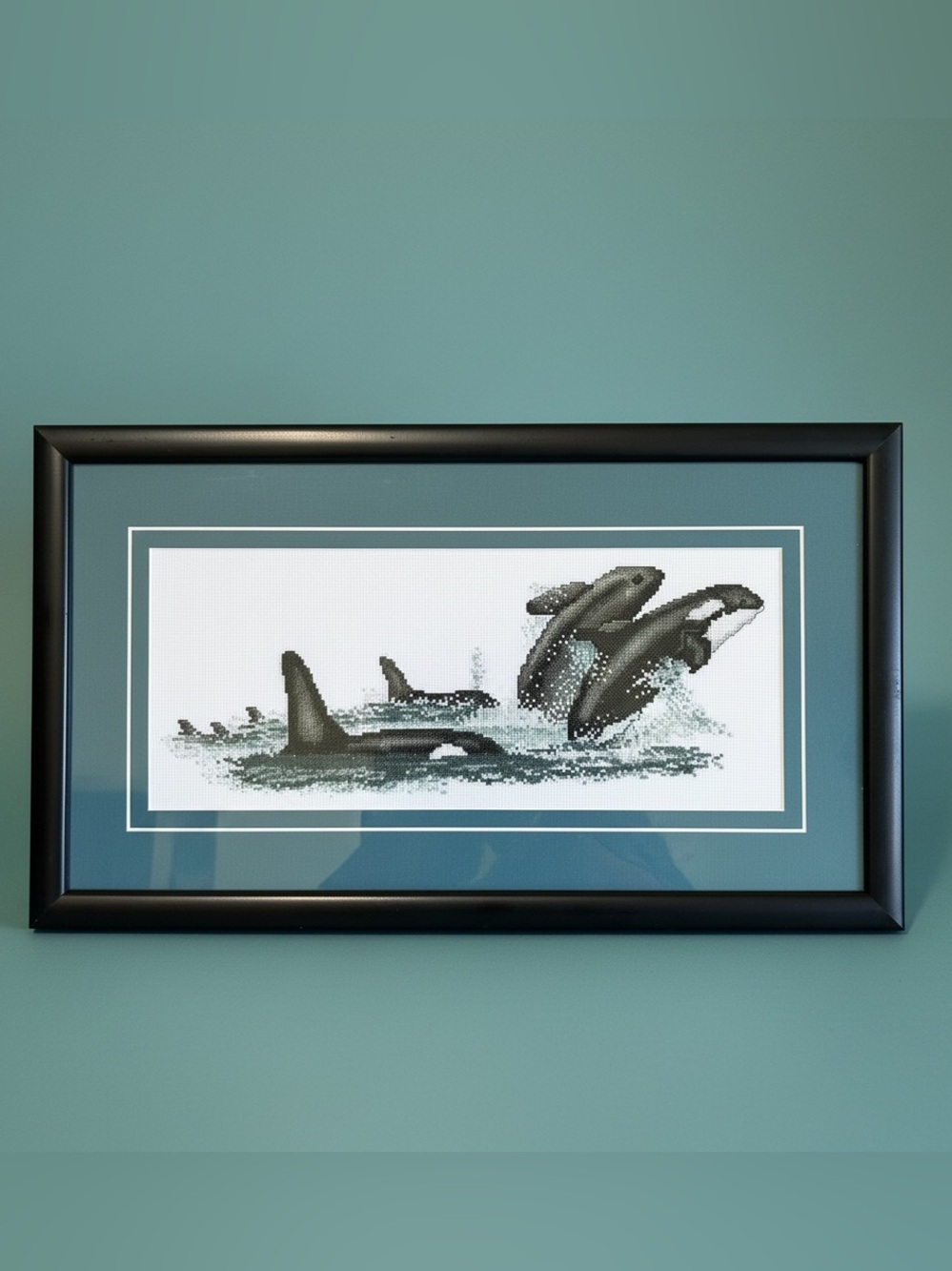 Vintage Orca Whale Framed Cross Stitch Art Large 11 x 20